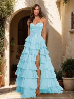 A-Line/Princess Sweetheart Ruffle Tiered Prom Dresses with Split Side — view 37