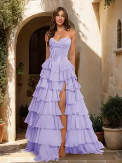 A-Line/Princess Sweetheart Ruffle Tiered Prom Dresses with Split Side — view 38