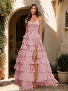 A-Line/Princess Sweetheart Ruffle Tiered Prom Dresses with Split Side — view 39
