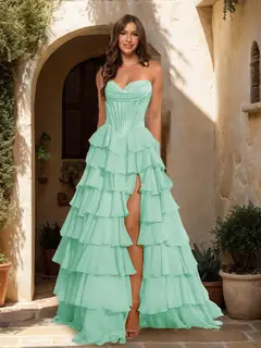 A-Line/Princess Sweetheart Ruffle Tiered Prom Dresses with Split Side — view 40