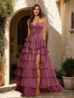 A-Line/Princess Sweetheart Ruffle Tiered Prom Dresses with Split Side — view 42