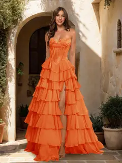A-Line/Princess Sweetheart Ruffle Tiered Prom Dresses with Split Side — view 48