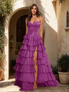 A-Line/Princess Sweetheart Ruffle Tiered Prom Dresses with Split Side — view 49