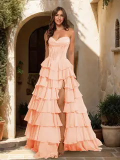 A-Line/Princess Sweetheart Ruffle Tiered Prom Dresses with Split Side — view 50