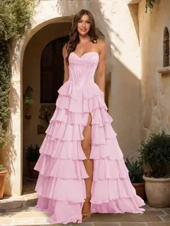 A-Line/Princess Sweetheart Ruffle Tiered Prom Dresses with Split Side — view 53