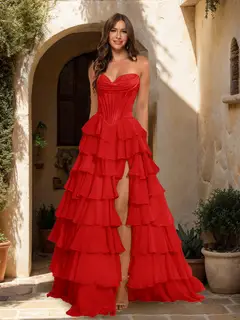 A-Line/Princess Sweetheart Ruffle Tiered Prom Dresses with Split Side — view 56