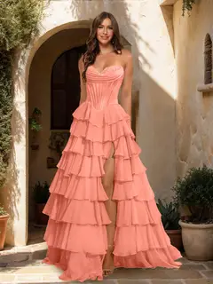 A-Line/Princess Sweetheart Ruffle Tiered Prom Dresses with Split Side — view 60