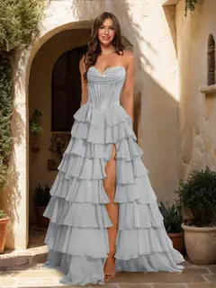 A-Line/Princess Sweetheart Ruffle Tiered Prom Dresses with Split Side — view 61