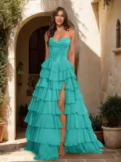 A-Line/Princess Sweetheart Ruffle Tiered Prom Dresses with Split Side — view 69