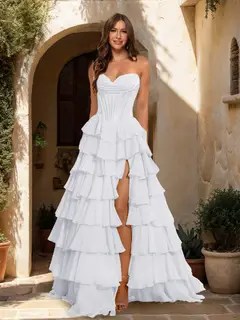 A-Line/Princess Sweetheart Ruffle Tiered Prom Dresses with Split Side — view 70