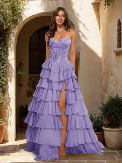 A-Line/Princess Sweetheart Ruffle Tiered Prom Dresses with Split Side — view 72