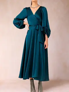 A-Line/Princess V-Neck 3/4 Sleeves Wrap Evening Dresses with Belt — view 4