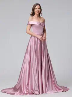 A-Line Off-the-Shoulder Long Satin Evening Dresses with Split Side & Pockets — view 1