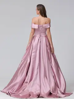 A-Line Off-the-Shoulder Long Satin Evening Dresses with Split Side & Pockets — view 2