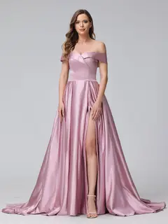 A-Line Off-the-Shoulder Long Satin Evening Dresses with Split Side & Pockets — view 3