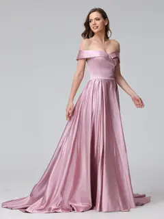 A-Line Off-the-Shoulder Long Satin Evening Dresses with Split Side & Pockets — view 4