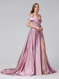 A-Line Off-the-Shoulder Long Satin Evening Dresses with Split Side & Pockets — view 5