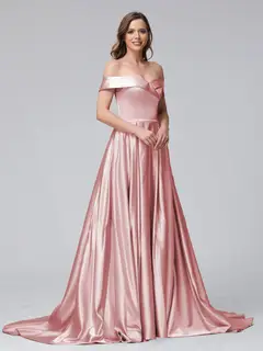 A-Line Off-the-Shoulder Long Satin Evening Dresses with Split Side & Pockets — view 7
