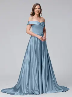 A-Line Off-the-Shoulder Long Satin Evening Dresses with Split Side & Pockets — view 8
