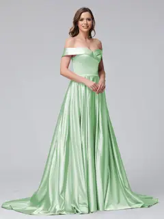 A-Line Off-the-Shoulder Long Satin Evening Dresses with Split Side & Pockets — view 10