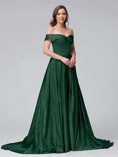 A-Line Off-the-Shoulder Long Satin Evening Dresses with Split Side & Pockets — view 11