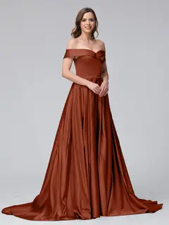 A-Line Off-the-Shoulder Long Satin Evening Dresses with Split Side & Pockets — view 13