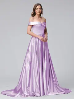 A-Line Off-the-Shoulder Long Satin Evening Dresses with Split Side & Pockets — view 14
