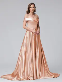 A-Line Off-the-Shoulder Long Satin Evening Dresses with Split Side & Pockets — view 15