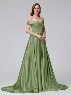 A-Line Off-the-Shoulder Long Satin Evening Dresses with Split Side & Pockets — view 16