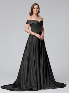 A-Line Off-the-Shoulder Long Satin Evening Dresses with Split Side & Pockets — view 17