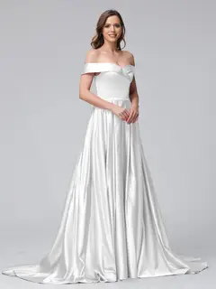A-Line Off-the-Shoulder Long Satin Evening Dresses with Split Side & Pockets — view 18