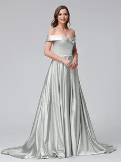 A-Line Off-the-Shoulder Long Satin Evening Dresses with Split Side & Pockets — view 20