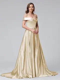 A-Line Off-the-Shoulder Long Satin Evening Dresses with Split Side & Pockets — view 21