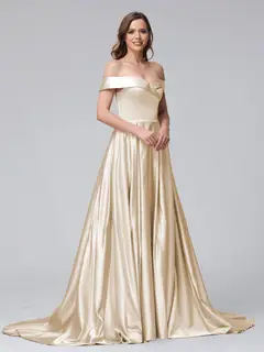 A-Line Off-the-Shoulder Long Satin Evening Dresses with Split Side & Pockets — view 22