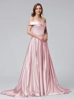 A-Line Off-the-Shoulder Long Satin Evening Dresses with Split Side & Pockets — view 23