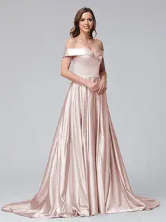 A-Line Off-the-Shoulder Long Satin Evening Dresses with Split Side & Pockets — view 24