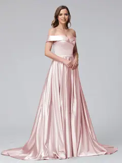 A-Line Off-the-Shoulder Long Satin Evening Dresses with Split Side & Pockets — view 25