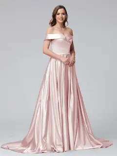 A-Line Off-the-Shoulder Long Satin Evening Dresses with Split Side & Pockets — view 26