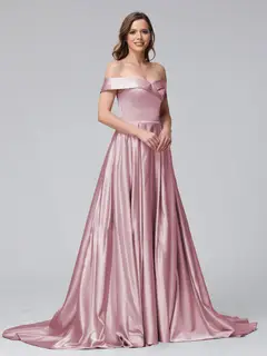 A-Line Off-the-Shoulder Long Satin Evening Dresses with Split Side & Pockets — view 28