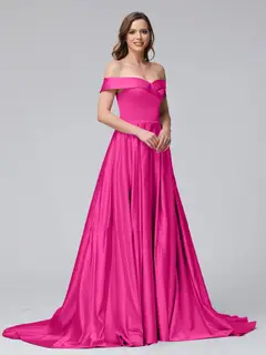 A-Line Off-the-Shoulder Long Satin Evening Dresses with Split Side & Pockets — view 30