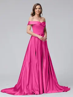 A-Line Off-the-Shoulder Long Satin Evening Dresses with Split Side & Pockets — view 31