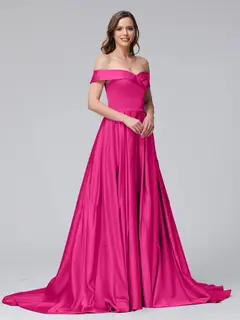 A-Line Off-the-Shoulder Long Satin Evening Dresses with Split Side & Pockets — view 32