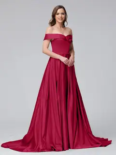 A-Line Off-the-Shoulder Long Satin Evening Dresses with Split Side & Pockets — view 34