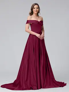 A-Line Off-the-Shoulder Long Satin Evening Dresses with Split Side & Pockets — view 35