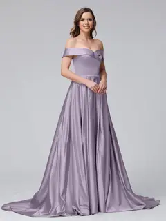 A-Line Off-the-Shoulder Long Satin Evening Dresses with Split Side & Pockets — view 36