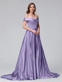 A-Line Off-the-Shoulder Long Satin Evening Dresses with Split Side & Pockets — view 37
