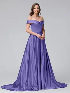 A-Line Off-the-Shoulder Long Satin Evening Dresses with Split Side & Pockets — view 38