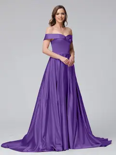 A-Line Off-the-Shoulder Long Satin Evening Dresses with Split Side & Pockets — view 39