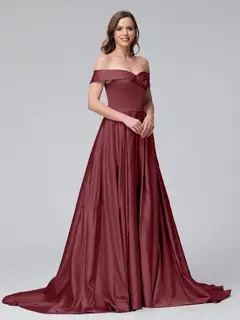 A-Line Off-the-Shoulder Long Satin Evening Dresses with Split Side & Pockets — view 40