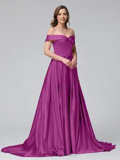 A-Line Off-the-Shoulder Long Satin Evening Dresses with Split Side & Pockets — view 41